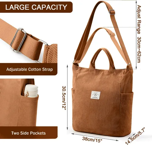Miniatura 5 de KALIDI Bolso de mano de pana, bolso grande tipo mensajero para hombro, antisalpicaduras, bolsa cruzada con cremallera, casual, trabajo, compras