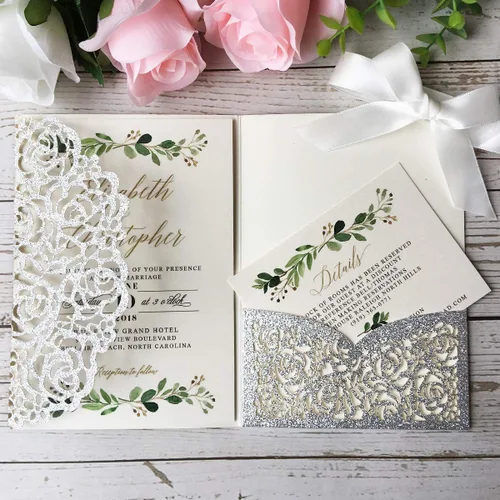 Miniatura 3 de Kit de invitaciones de boda de 5.1 x 7.1 pulgadas, 20 piezas de purpurina plateada en blanco cortado con láser con sobres y bolsillo hueco de rosa