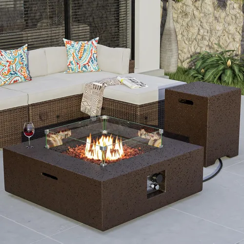 Miniatura 12 de COSIEST mesa de fogata a propano para exteriores de 35 pulgadas cuadrada de arenisca con protector contra el viento y mesa lateral, certificada