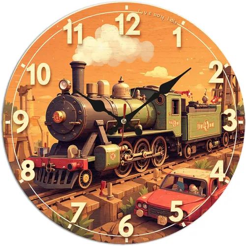 Reloj de pared de madera de tren de vapor vintage con camión rojo para decoración retro 9.8x9.8 in
