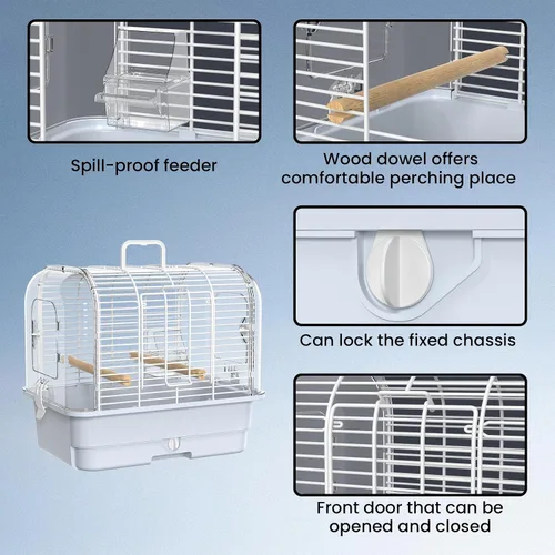 Miniatura 3 de Jaula portadora de aves de viaje, jaula transparente para periquitos, pequeña jaula portátil para pájaros con tazas alimentadoras y pie