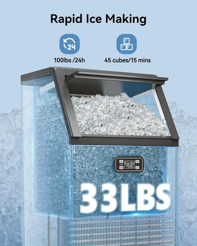 Miniatura 2 de Máquina de hielo comercial, produce 100 libras por día, 45 cubos en 15 minutos, máquina de hielo debajo del mostrador con almacenamiento de 33 Negro