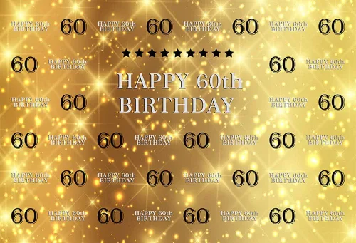 Miniatura 2 de Pancarta de fondo de cabina de estudio fotográfico dorado con purpurina y estrellas negras Step and Repeat 60th Happy Birthday Bash Party Banner