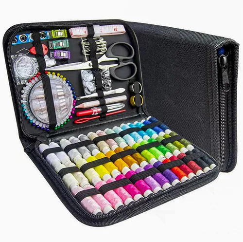 JUNING Kit de costura con estuche negro, suministros de costura portátiles para el hogar, viajes, adultos, principiantes, emergencias, 42 hilos,