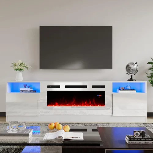 AMERLIFE - Soporte de TV con chimenea, centro de entretenimiento con luz LED y chimenea eléctrica de 36 pulgadas, soporte de entretenimiento moderno