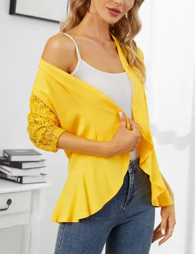 Miniatura 4 de KOJOOIN Blusas para mujer, ligeras, manga 34, casual, con encaje, parte delantera abierta, con volantes drapeados