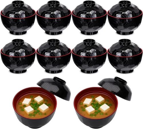 JapanBargain Juego de 10 cuencos de sopa de miso japonés con tapas, pequeños cuencos tradicionales lacados, tamaño japonés auténtico, fabricado en