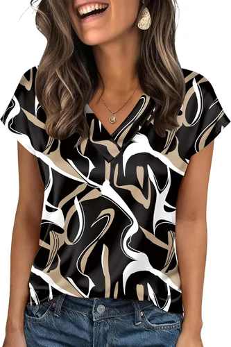 Miniatura 21 de Zeagoo - Camisetas de mujer de satén de seda, tops de manga corta con cuello en V, blusas para negocios y conjuntos casuales, talla S-2XL