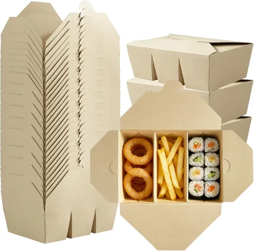 Paquete de 30 recipientes de comida para llevar, 3 compartimentos de 7.5 x 5.4 x 2.6 pulgadas, cajas de papel de pulpa de bambú para llevar,