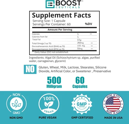 Miniatura 7 de BoostCeuticals Suplemento vegano Omega 3 DHA + EPA de 260 mg – Aceite de algas en cápsulas blandas dosis de mantenimiento para el bienestar
