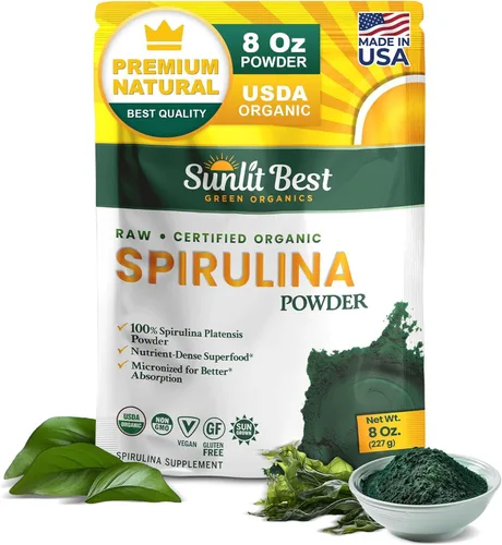 Sunlit Best Polvo de Espirulina Orgánica USDA - Clorofila, Absorción Rápida, Alga Espirulina Azul-Verde, Proteína Cruda Vegana - Sin OMG,