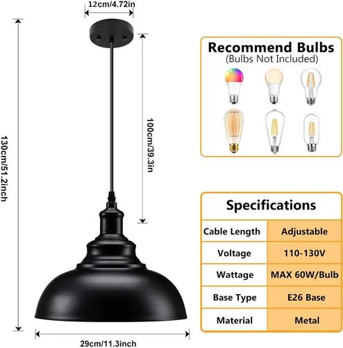 Miniatura 2 de Asnxcju Lámpara colgante de granja, lámparas colgantes de metal negro, lámpara de techo colgante ajustable industrial vintage para cocina, granero