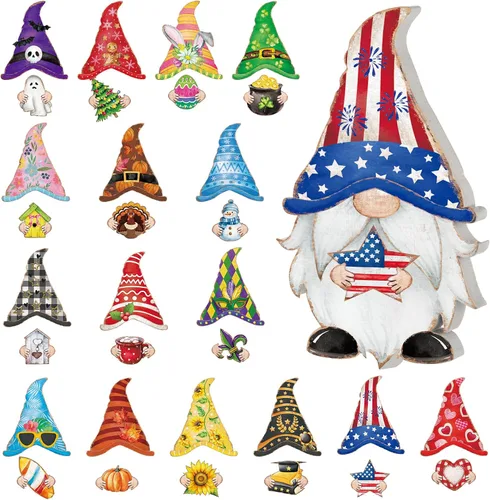 Miniatura 9 de Qunclay 33 piezas intercambiables de gnomo de madera para decoración de verano del 4 de julio, decoración patriótica de gnomo con imán y sombreros