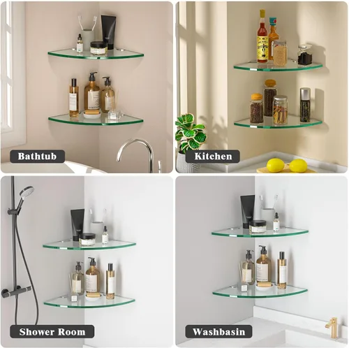 Miniatura 7 de Organizador de ducha de cristal esquinero, paquete de 2 estantes de vidrio templado de 0.315 in de grosor, sin perforaciones, montaje en pared