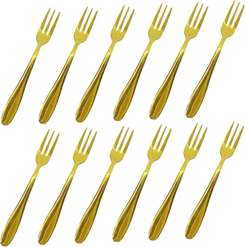 Comicfs Tenedores pequeños de 12 piezas, 5.2 pulgadas, tenedores de postre de acero inoxidable, 3 dientes dorados, portátiles, para ensalada de