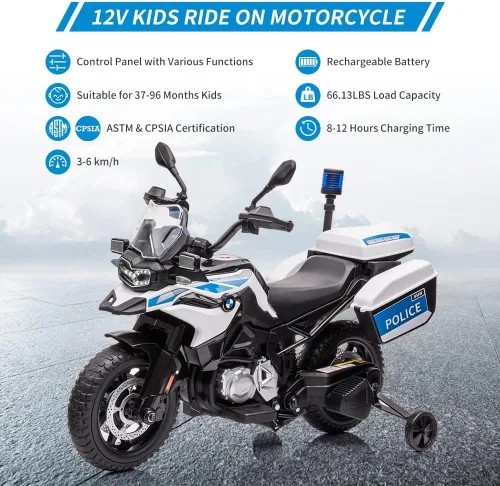 Miniatura 5 de Motocicleta de policía de 12 V, 7 Ah, con licencia BMW con 2 velocidades, faros LED, suspensión de resorte, MP3, música y 2 ruedas de entrenamiento