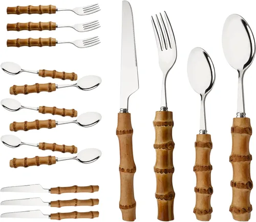 Miniatura 13 de Juego de cubiertos de mango de bambú natural, juego de cubiertos de acero inoxidable para 4, tenedores, cucharas, cuchillos para uso diario, 16