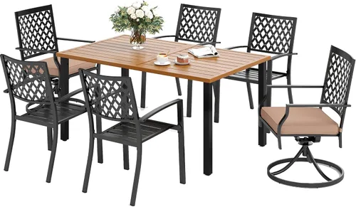 Miniatura 23 de SUNSHINE VALLEY Juego de 7 sillas de comedor para patio, material metálico, 6 sillas de comedor de color teca rectangular con agujero para sombrilla