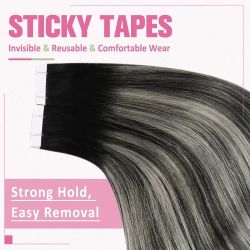 Miniatura 5 de YoungSee - Extensiones de cabello humano con cinta adhesiva, color negro ombre, extensiones de cabello humano real, cinta adhesiva invisible