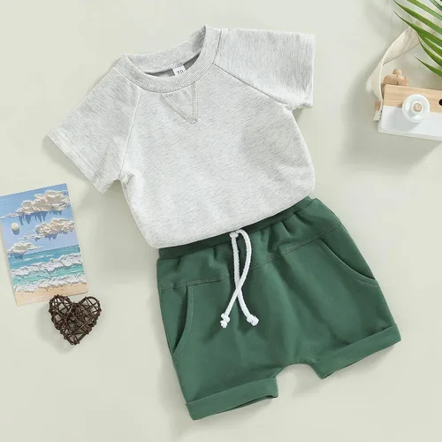 Miniatura 3 de Conjunto de traje de verano para bebé niño pequeño, manga corta, cuello redondo, letras impresas, lindo traje de verano, conjunto de 2 piezas