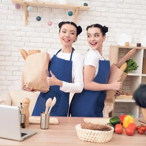 Miniatura 6 de Delantales azules a granel para mujeres y niñas con 2 bolsillos, delantales de cocina de restaurante de chef, delantales lisos, para artistas