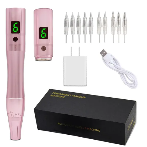Maquillaje permanente pluma tatuaje máquina rotativa incluye 1 batería, 10 agujas para cejas, delineadores, labios y tatuajes pequeños RB901 oro rosa