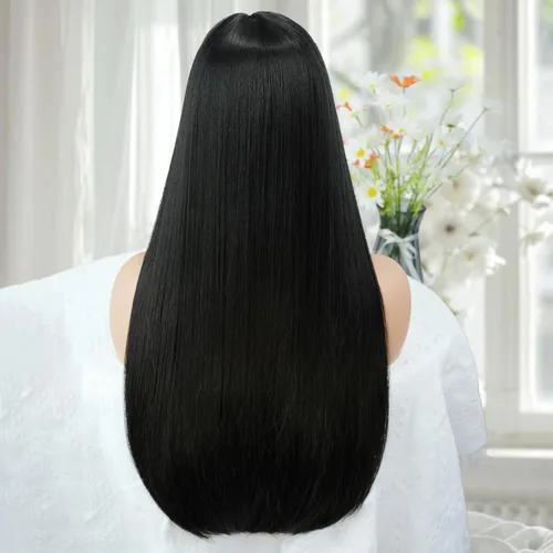 Miniatura 3 de Peluca larga negra con flequillo, pelucas lacias color negro mate natural para mujer, resistente al calor, peluca sintética con flequillo