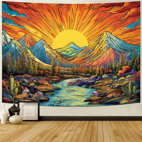 Miniatura 6 de Serborlur Tapiz bohemio con sol y montaña, diseño de árbol de bosque trippy, vintage, estético, mágico de río, paisaje, naturaleza, para colgar
