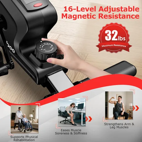 Miniatura 5 de pooboo Pedal de ejercicio para debajo del escritorio, mini bicicleta estática magnética con 16 niveles de resistencia, entrenamiento para brazos