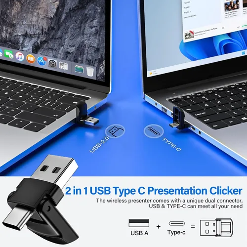 Miniatura 3 de 2 en 1 USB tipo C Presentación Clicker, Wireless Presentation Clicker PowerPoint Presenter Remote con control de volumen, PowerPoint Clicker