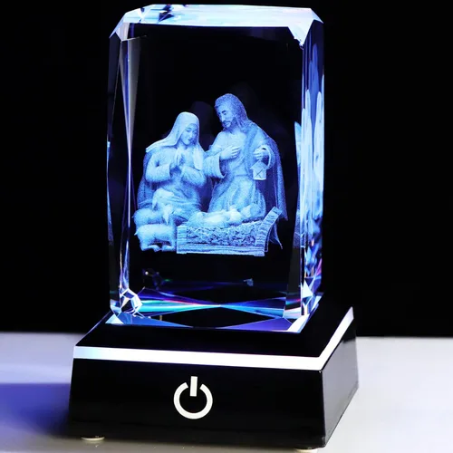 YWHL Figuras de belén de cristal 3D con base colorida grabada con láser, estatuas de la Santa Familia para regalos religiosos para mujeres y hombres