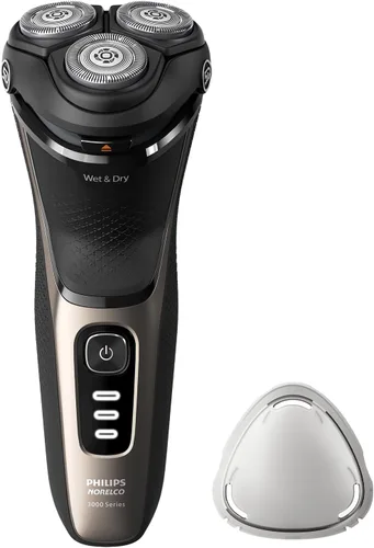 Philips Norelco Shaver 3000 Series, afeitadora eléctrica en seco y húmedo, P-Cap, bolsa de viaje, color oro ceniza, modelo S3242/90
