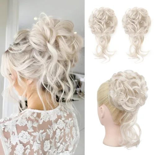Miniatura 17 de HOOJIH 2 piezas de moño despeinado, recogido despeinado con mechones, extensiones de moño de cabello ondulado rizado, envoltorio de cabello, cola