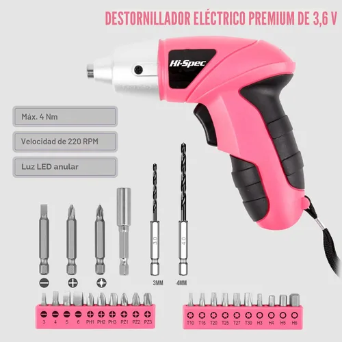 Miniatura 2 de Hi-Spec Destornillador eléctrico 27pc 3.6V rosa USB pequeño juego de destornilladores eléctricos. Inalámbrico y recargable con juego de puntas