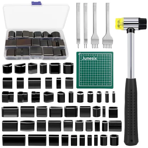 Kit de punzón de cuero de 58 piezas – Incluye 52 cortadores de perforadores de forma, punzones de cuero de 1/2/4/6 puntas, mazo de goma de 0.787 in