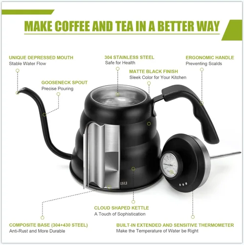 Miniatura 4 de Hervidor de Vertido para Café de Goteo Manual y Té con Termómetro 28oz Hervidor de Cuello de Cisne con Control de Flujo Hervidor de Agua de Acero
