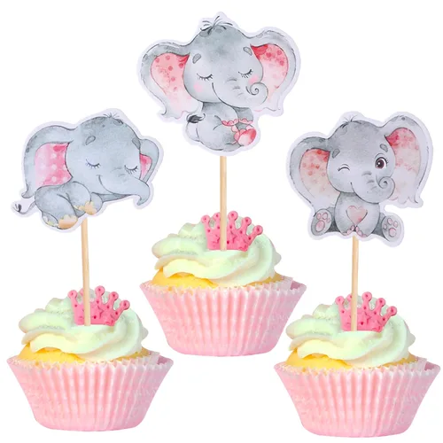 36 piezas de decoración para cupcakes de elefante rosa con texto en inglés "It's a Girl" para decoración de revelación de género, baby shower,