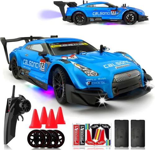 1:16 Spray RC Drift Car para niños 4WD 2.4GHz 40KM/H Auto de control remoto de alta velocidad con luces LED neumáticos de deriva y 2 baterías, Azul