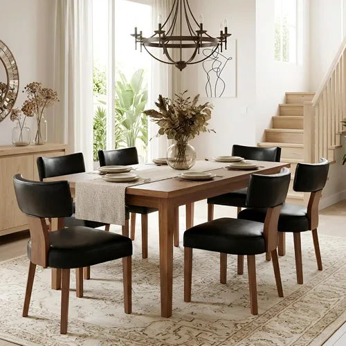 Miniatura 41 de HNY Juego de 6 sillas de comedor de ratán de estilo de mediados de siglo, silla de acento tapizada en lino de estilo granja con respaldo curvo