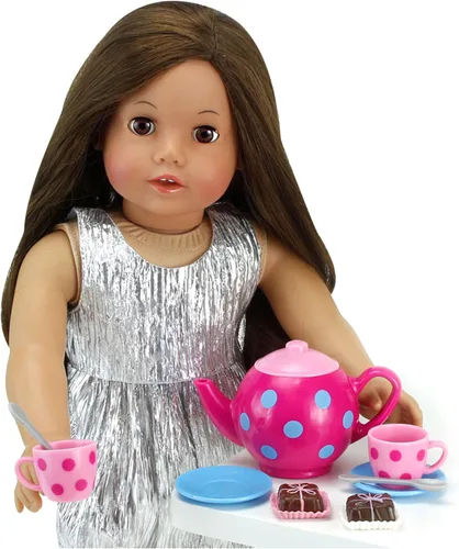 Miniatura 3 de Sophia's Juego de té de lunares de 17 piezas con tetera y tazas más cuatro pasteles detallados Petit Four para muñecas de 18 pulgadas, rosa/azul