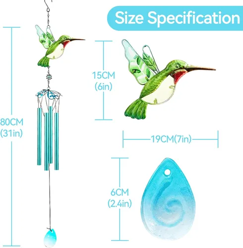 Miniatura 2 de Campanas de viento de colibrí verde, campanillas de viento para exteriores, campanillas románticas móviles pintadas de vidrio de 26 pulgadas, patio