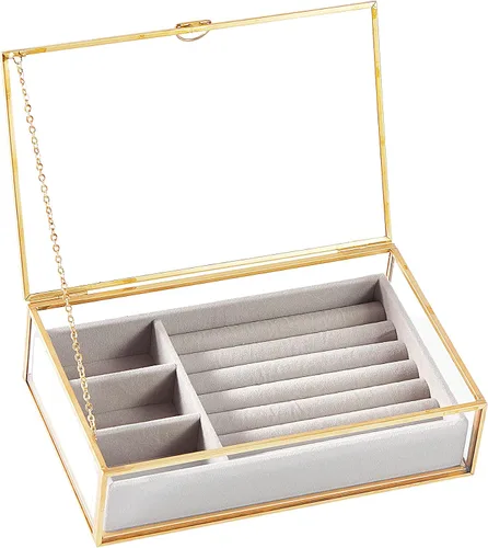 Joyero de cristal transparente vintage dorado con organizador de terciopelo gris (8.3 x 5.3 x 2 pulgadas)