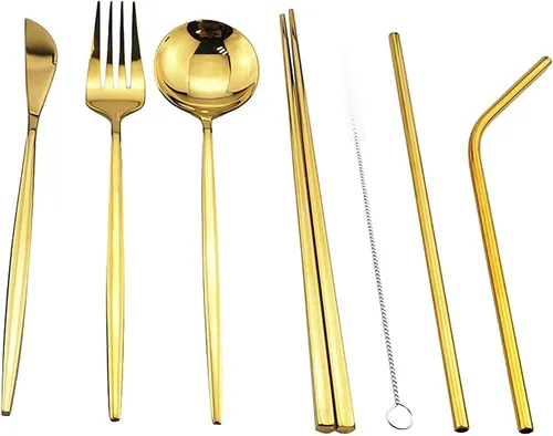 Miniatura 3 de 8 utensilios reutilizables con funda, utensilios de almuerzo de oficina, juego de cubiertos portátiles dorados de acero inoxidable con bolsa
