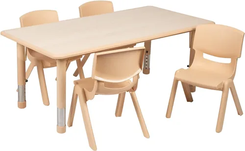 Flash Furniture Emmy - Juego de mesa rectangular de plástico natural ajustable con 4 sillas, 23.625 pulgadas de ancho x 47.25 pulgadas de largo
