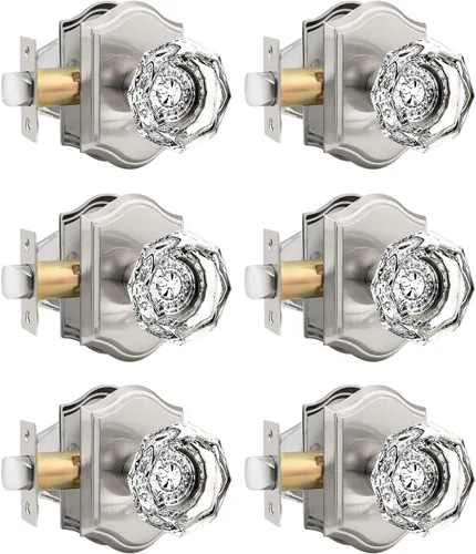 Miniatura 36 de Gobrico Paquete de 5 pomos de puerta de cristal de paso en latón antiguo para pasillo, armario, lavandería, forma octágono transparente, sin llave