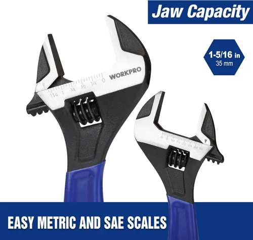 Miniatura 3 de WORKPRO Llave ajustable de 10 pulgadas, llave de mandíbula ancha de acero Cr-V con óxido negro, escalas métricas y SAE, para el hogar, garaje, Azul
