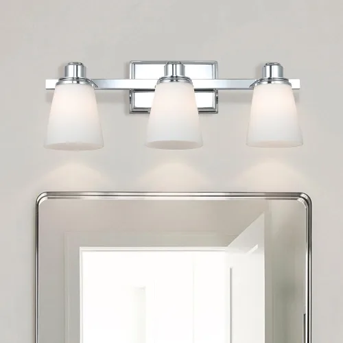 Miniatura 4 de XiNBEi Lighting XB-W220-3-CH - Lámpara de tocador de baño de cristal ópalo sobre el espejo, 3 lámparas de baño cromadas con vidrio blanco