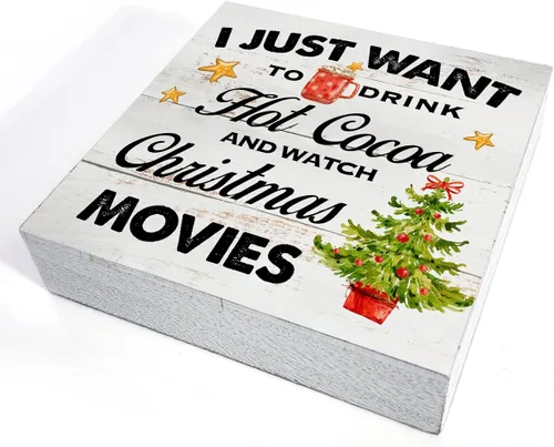 Miniatura 3 de Cartel de madera para cocina de Navidad, decoración del hogar, rústico, con texto en inglés "I Just Want to Drink Watch Christmas Movies", bandeja
