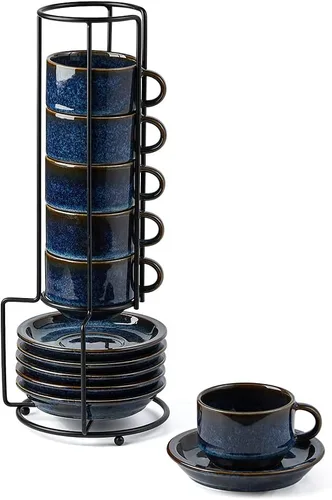 JIEMEI HOME - Tazas apilables de porcelana para espresso con platillos y soporte de metal, tazas Demitasse de 4 onzas para bebidas de café, café con