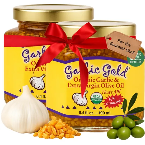 Garlic Gold Gránulos tostados en aceite de oliva virgen extra, ajo picado certificado orgánico por USDA, sin sodio, sin OMG y vegano, apto para